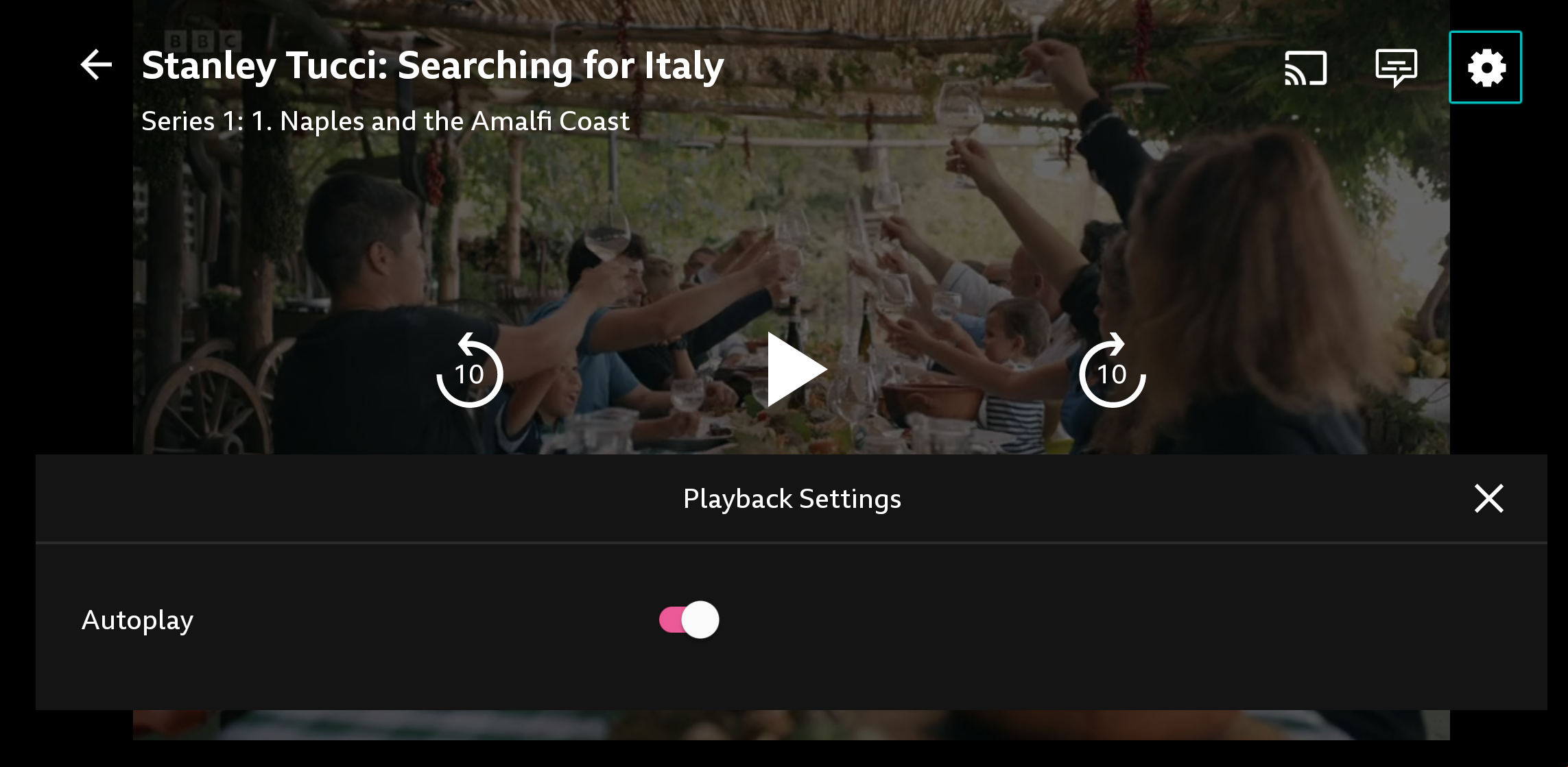 Screenshot of the playback screen on the iPlayer mobile/tablet app. The Settings icon is highlighted and the autoplay toggle is open