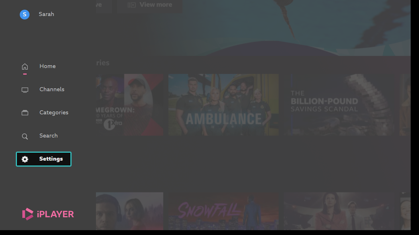 Image of the iPlayer TV homepage with the Settings button highlighted on the left hand side