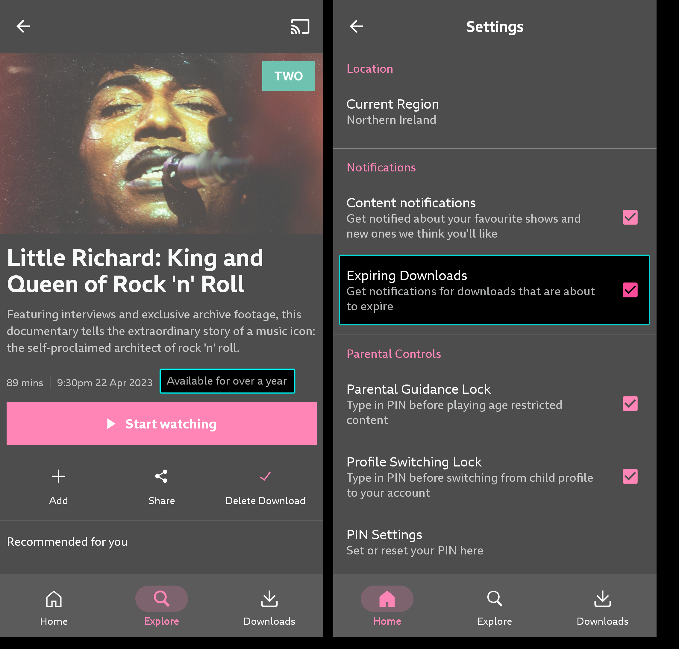 Two screenshots from the BBC iPlayer mobile/tablet app. The first shows an episode page with the availability highlighted. The second shows the Settings page with the s Expiry notification option highlighted. 