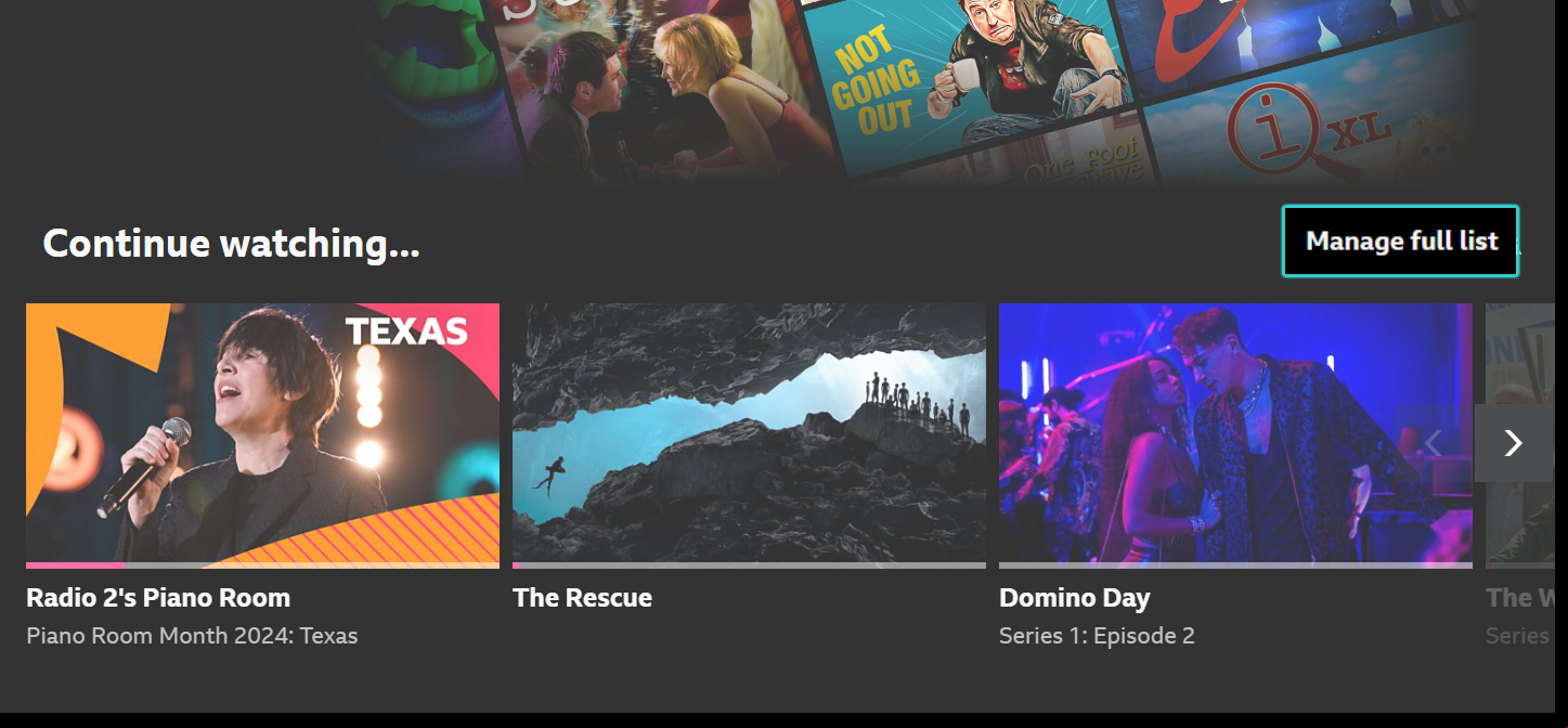 image from the iPlayer website showing the Continue watching list, with 'Manage full list' highlighted