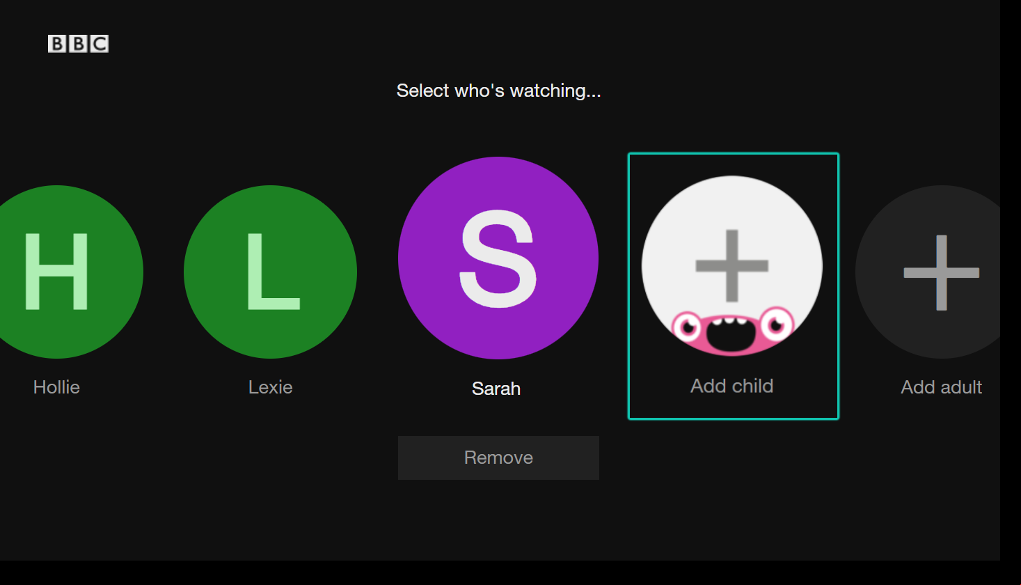 Screenshot of the BBC iPlayer  page with the Add Child option highlighted