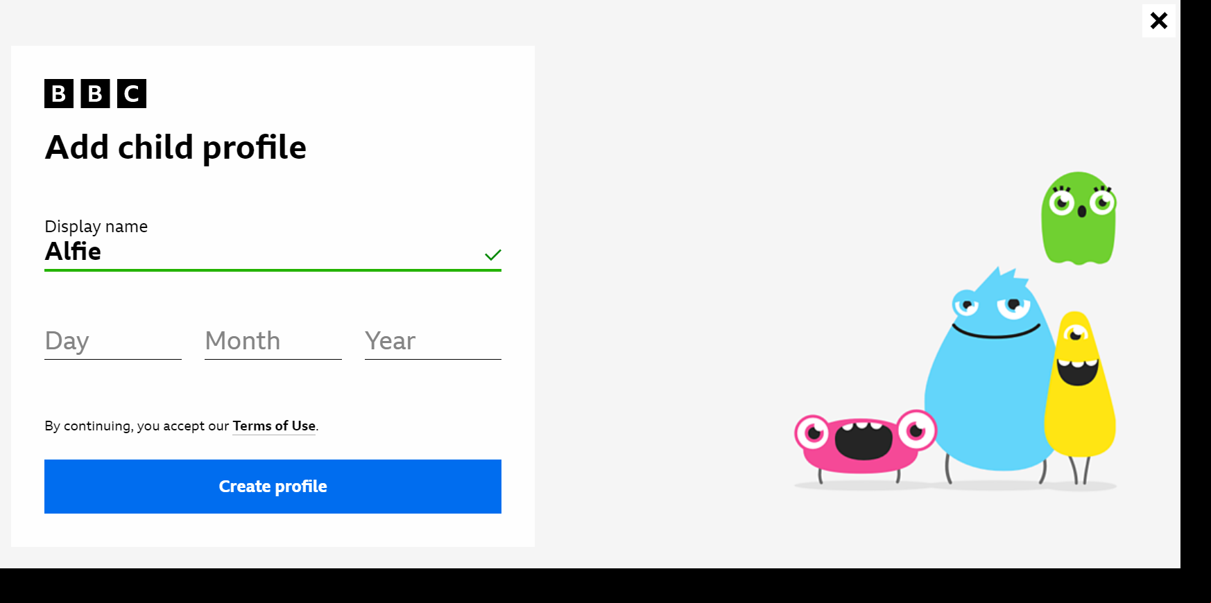 Screenshot of the Child Profile registration page on the website
