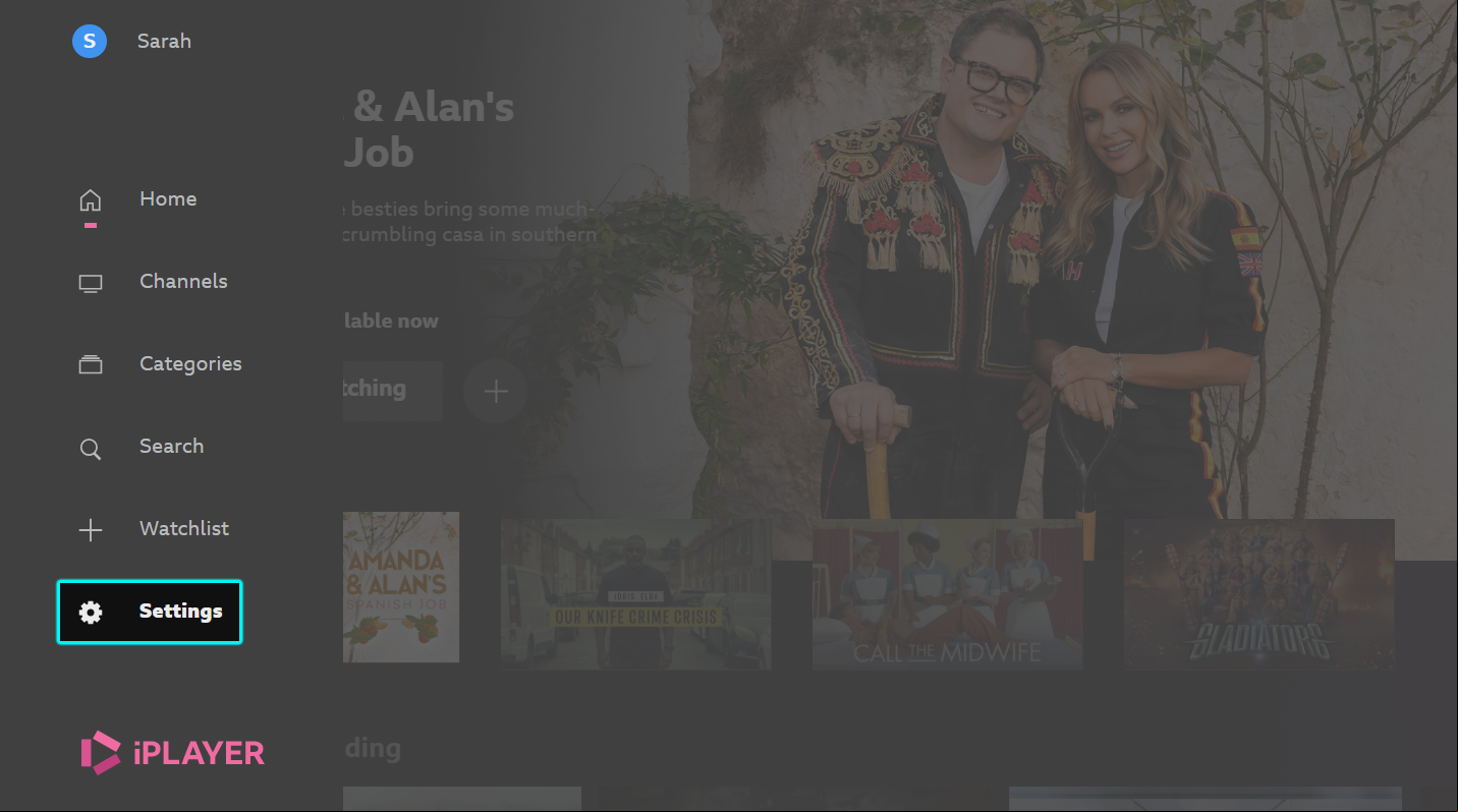 Image of the BBC iPlayer TV app homepage with the Settings option highlighted on the bottom left