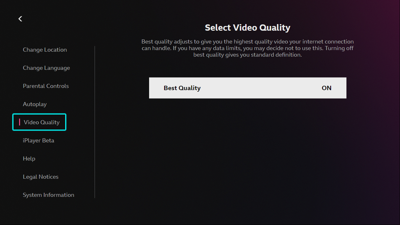 Image showing the video quality menu on the BBC iPlayer TV app. The Video Quality menu item is highlighted, and the setting shows Best Quality as ON.